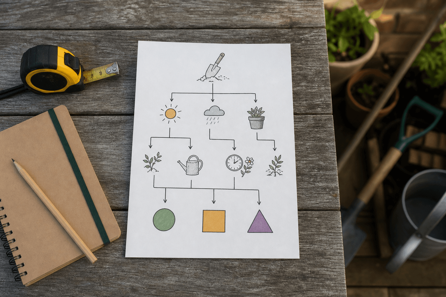 Garden decision flowchart notes on a patio table with measuring tape