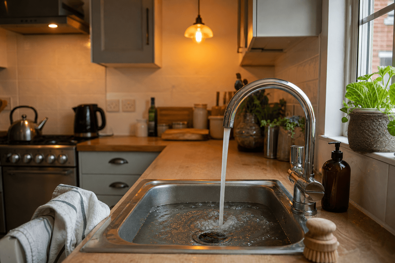 UK kitchen with slow-draining sink, homeowner checking drain under warm light