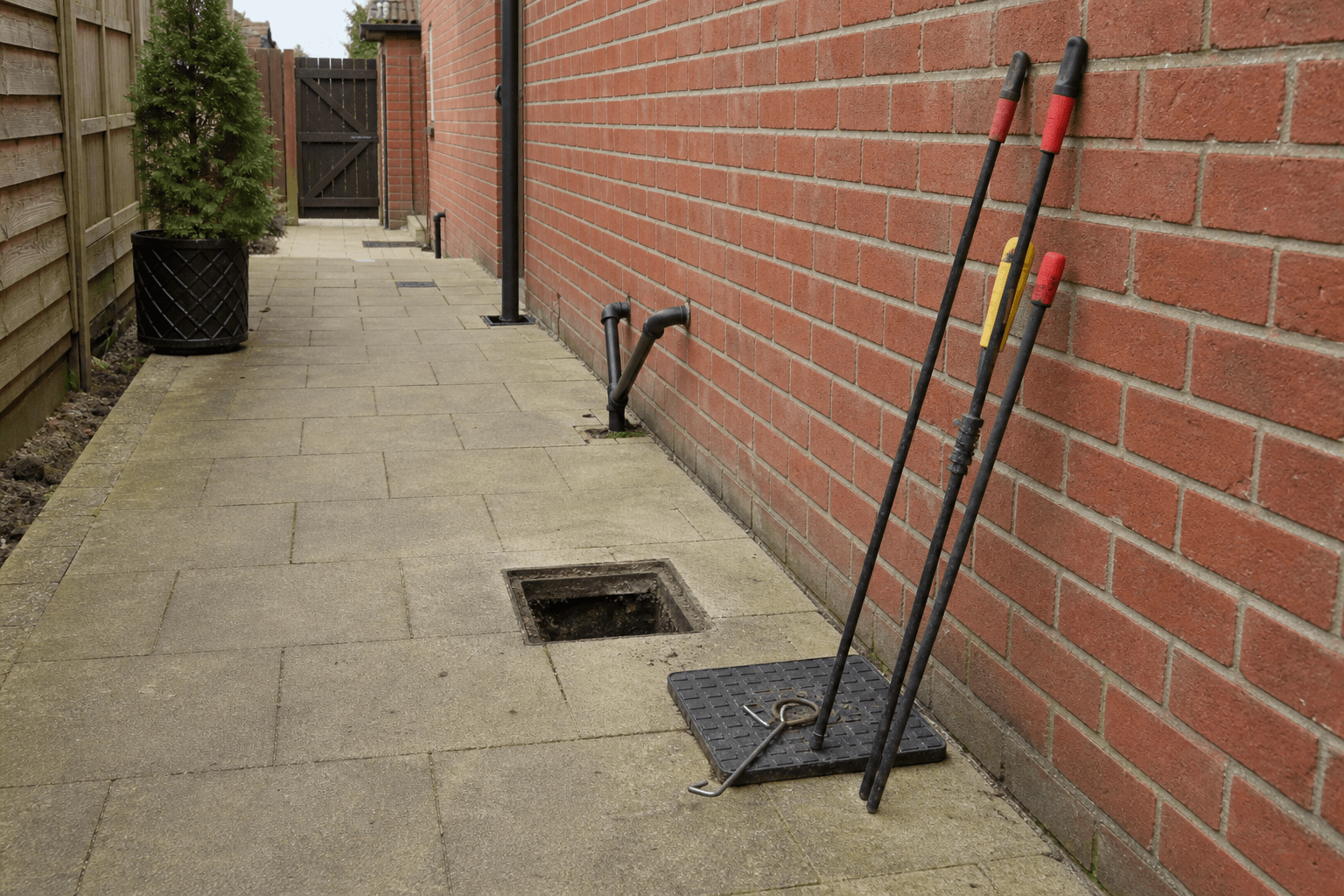 UK back garden gully cover open with drain rods against a brick wall