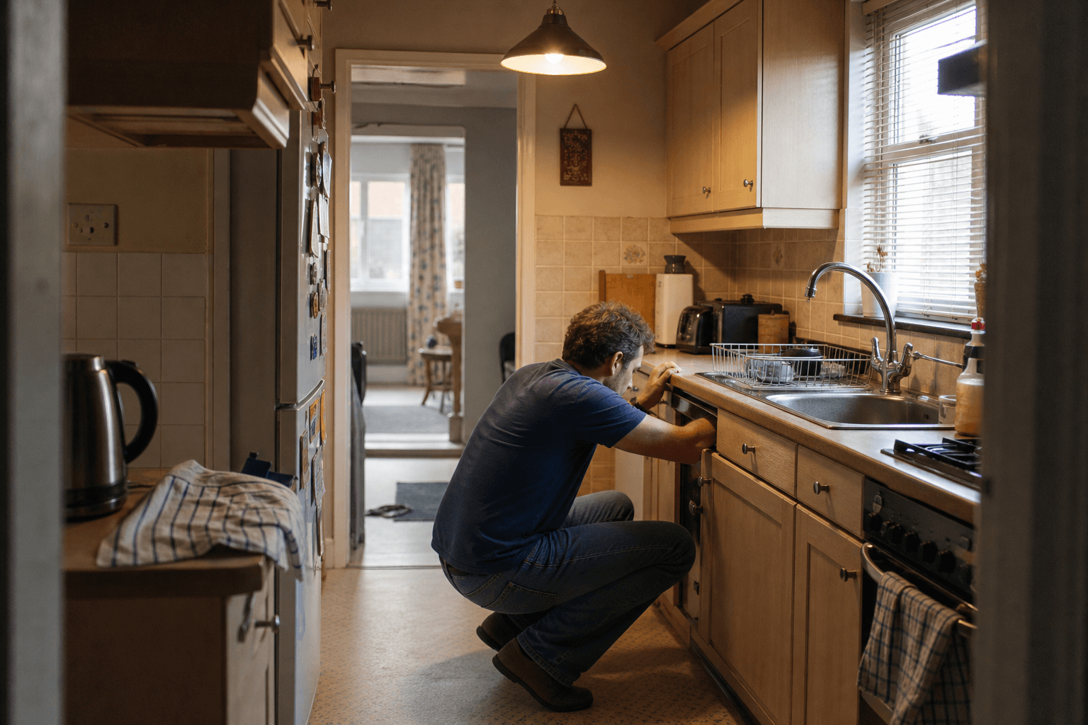 Homeowner at a slow-draining stainless kitchen sink in a UK semi-detached home