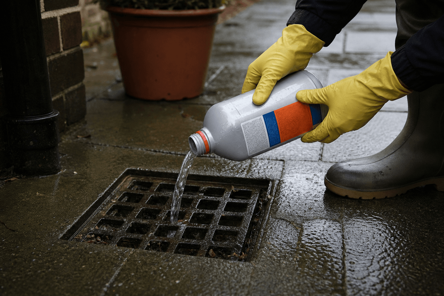 Pouring chemical drain unblocker into an outdoor gully on UK paving