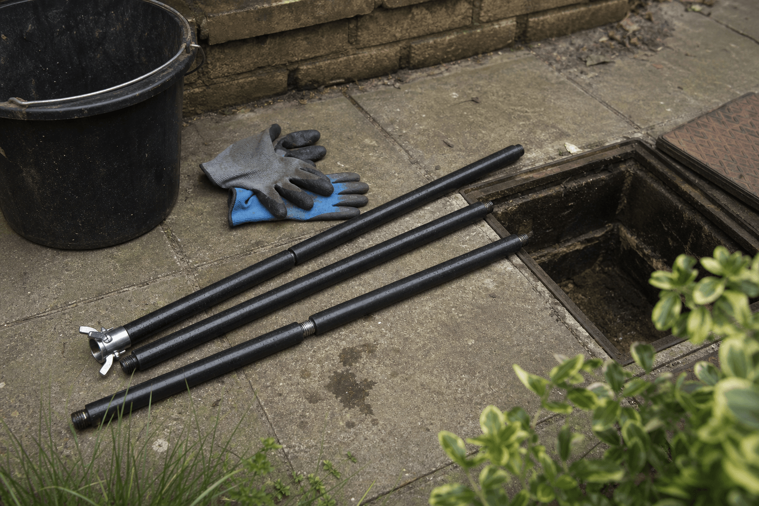 Polypropylene drain rods and attachment beside an open UK inspection chamber