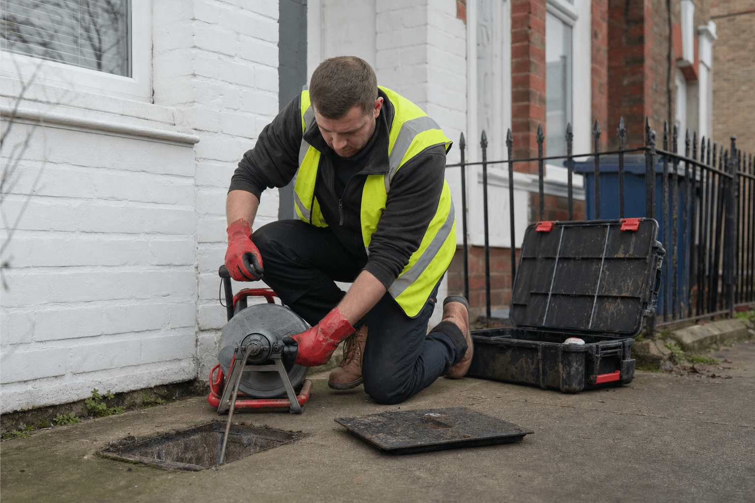 Hired hand-cranked drain auger being used at an outside drain in the UK