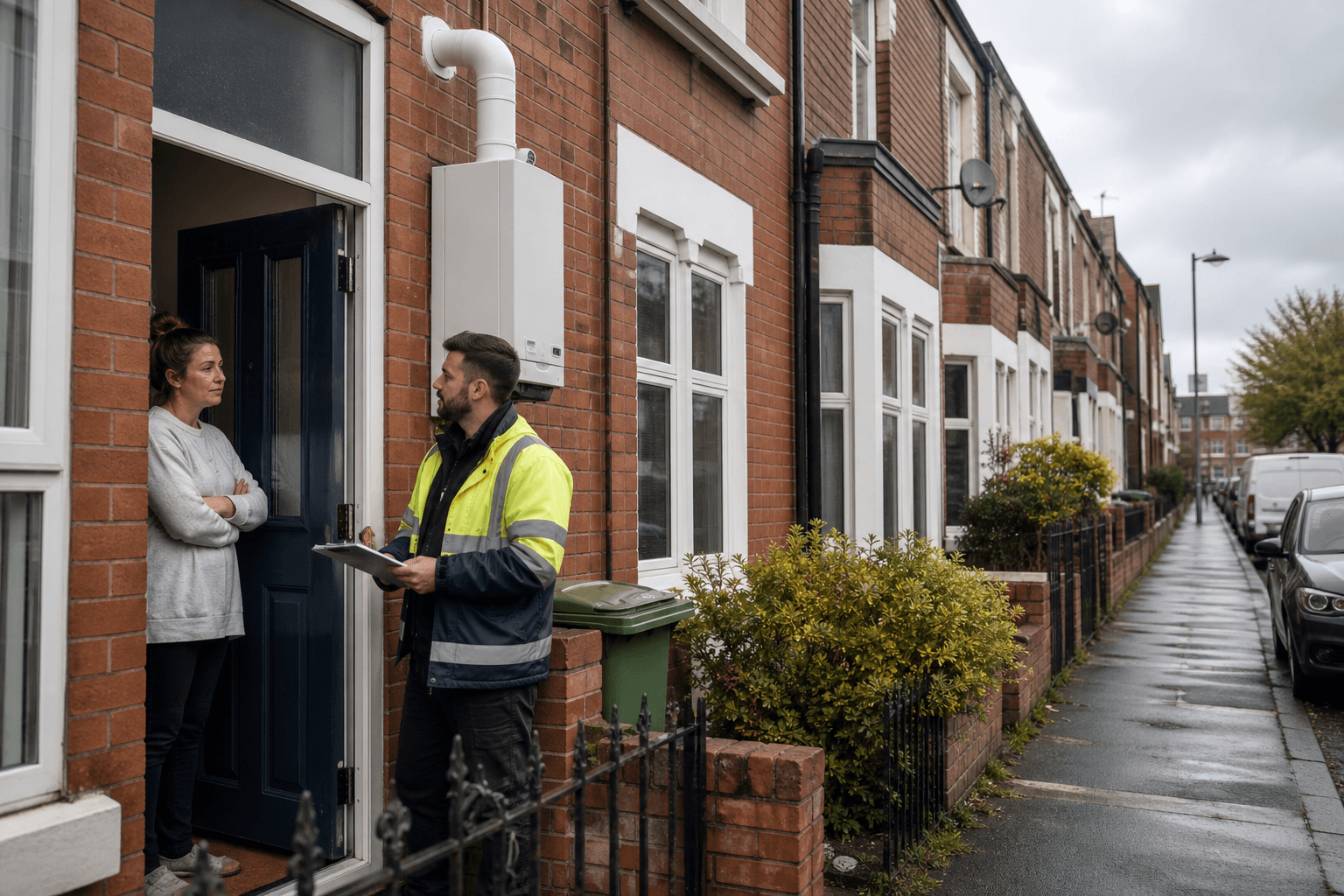 UK home with heating engineer reviewing boiler replacement quote at the door