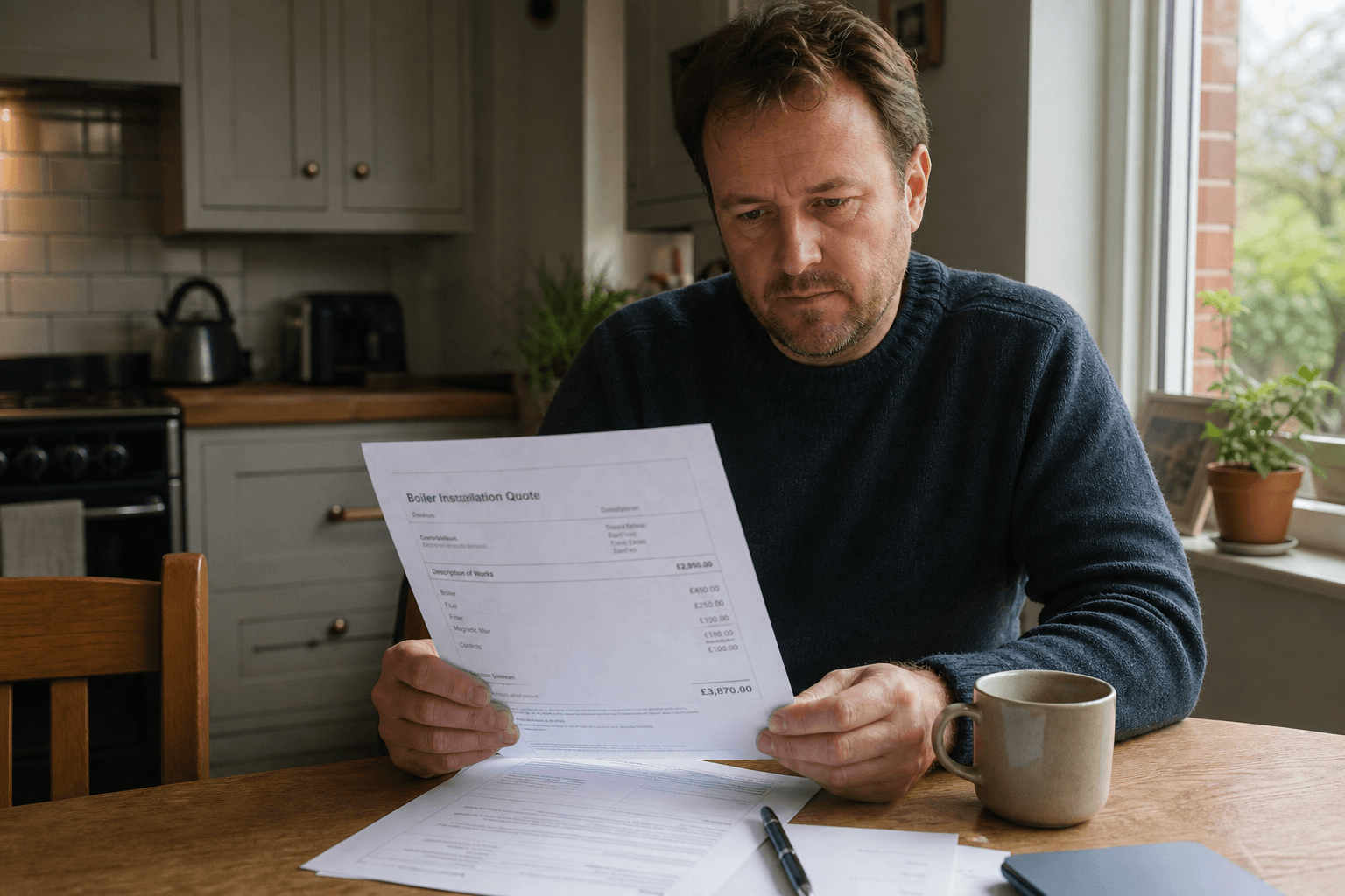UK homeowner reviewing printed boiler installer quote at kitchen table