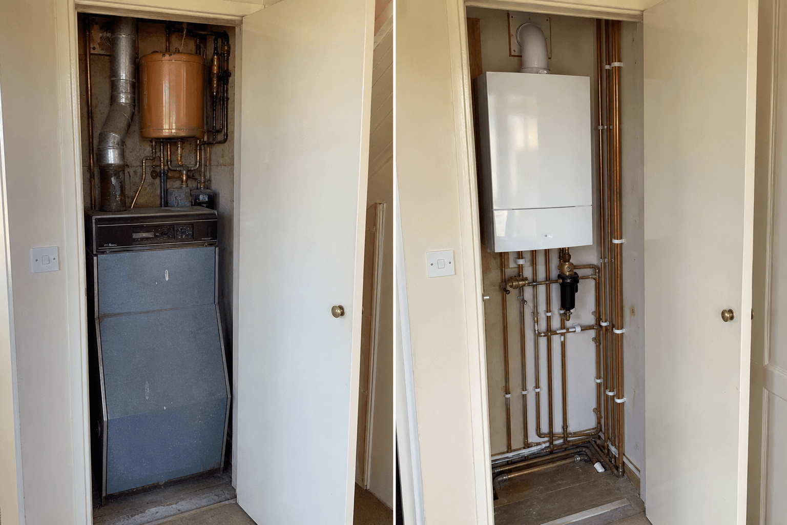 Before and after boiler installation in a UK airing cupboard