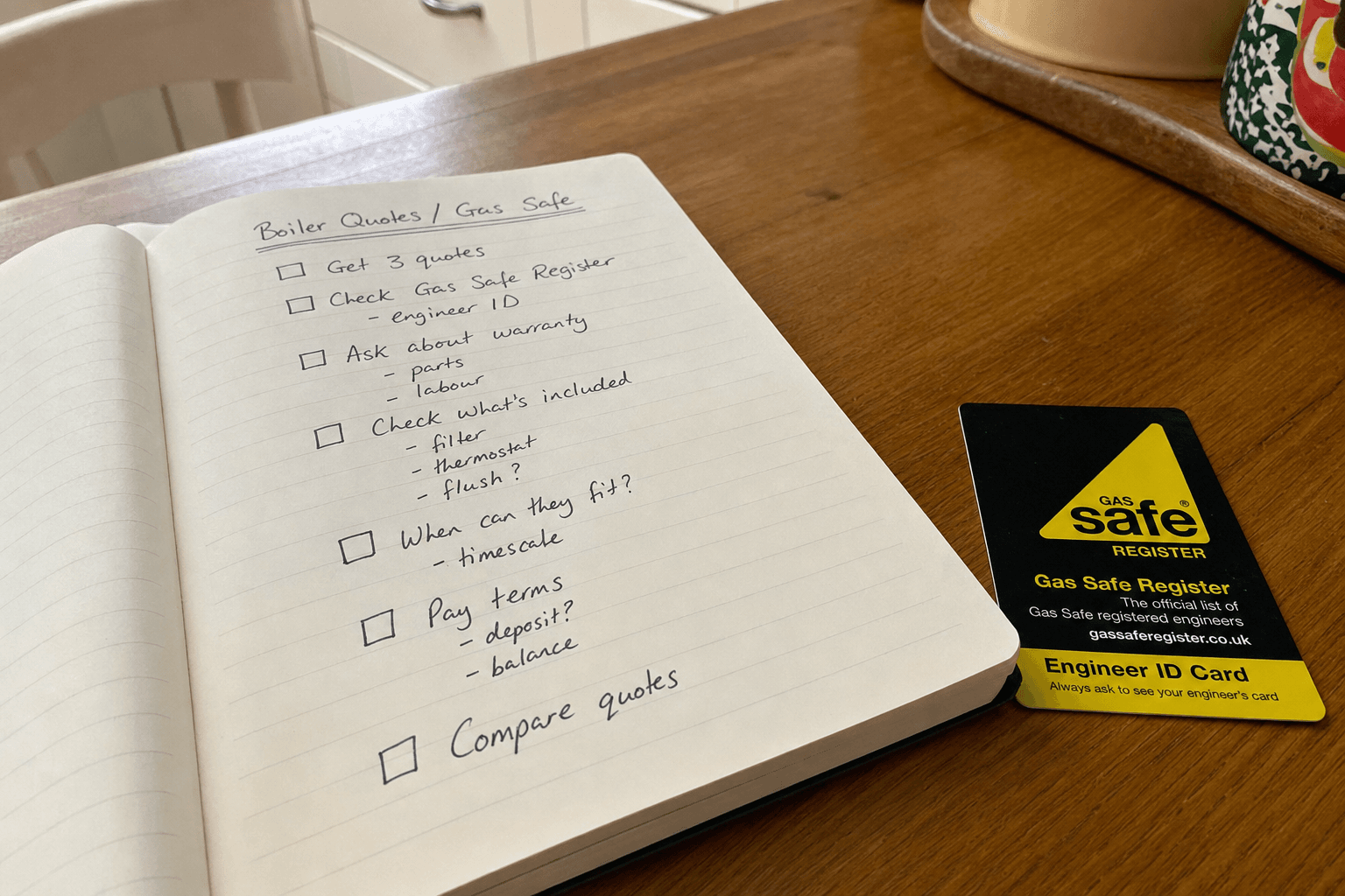 Notebook checklist for boiler quotes beside Gas Safe Register card