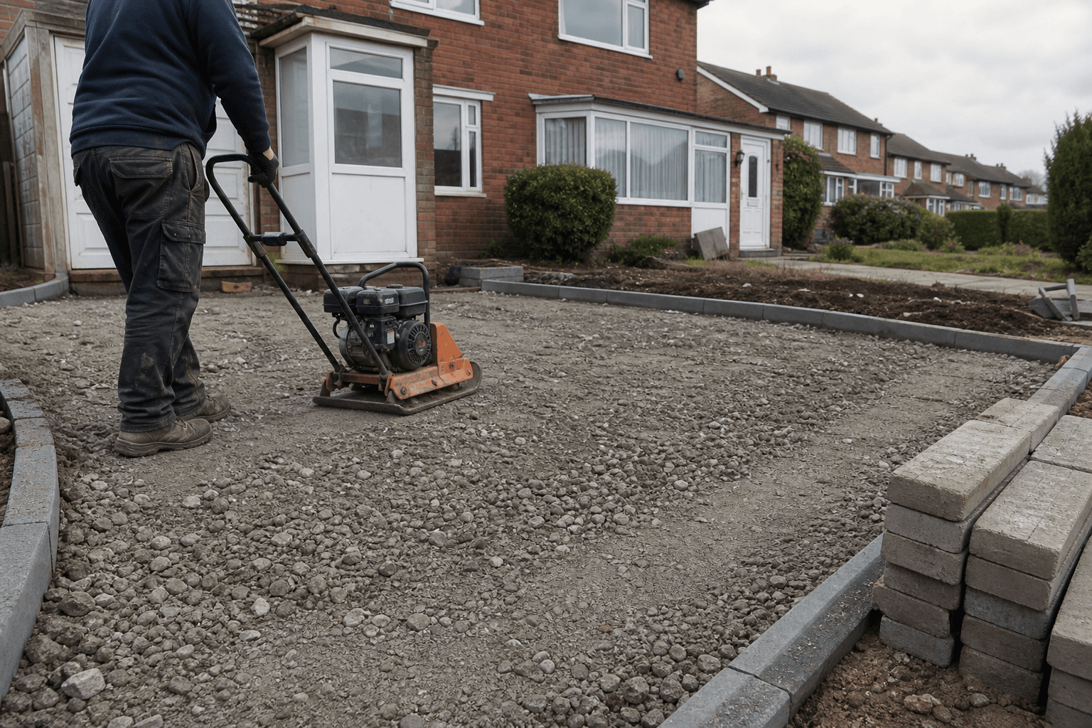 MOT Type 1 sub-base being compacted during UK driveway installation