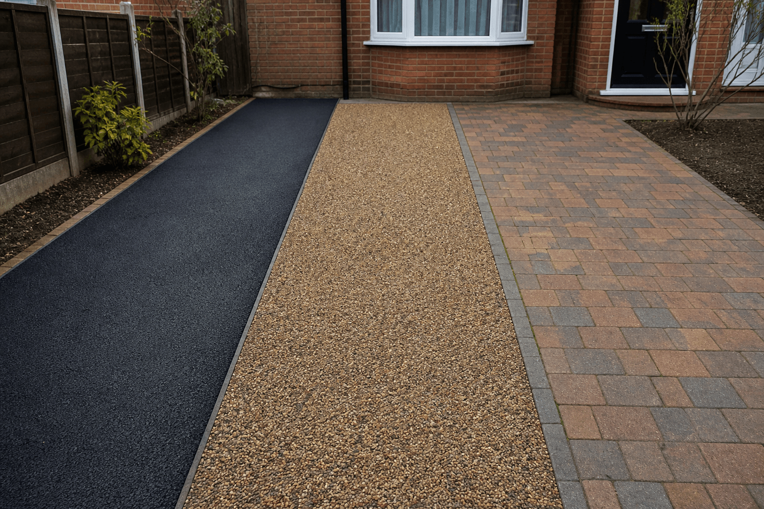 UK driveway materials comparison: tarmac, resin and block paving samples