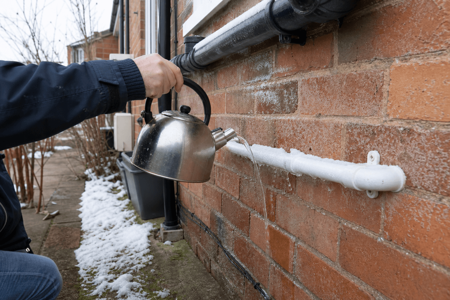 Frozen condensate pipe on a UK house exterior in winter