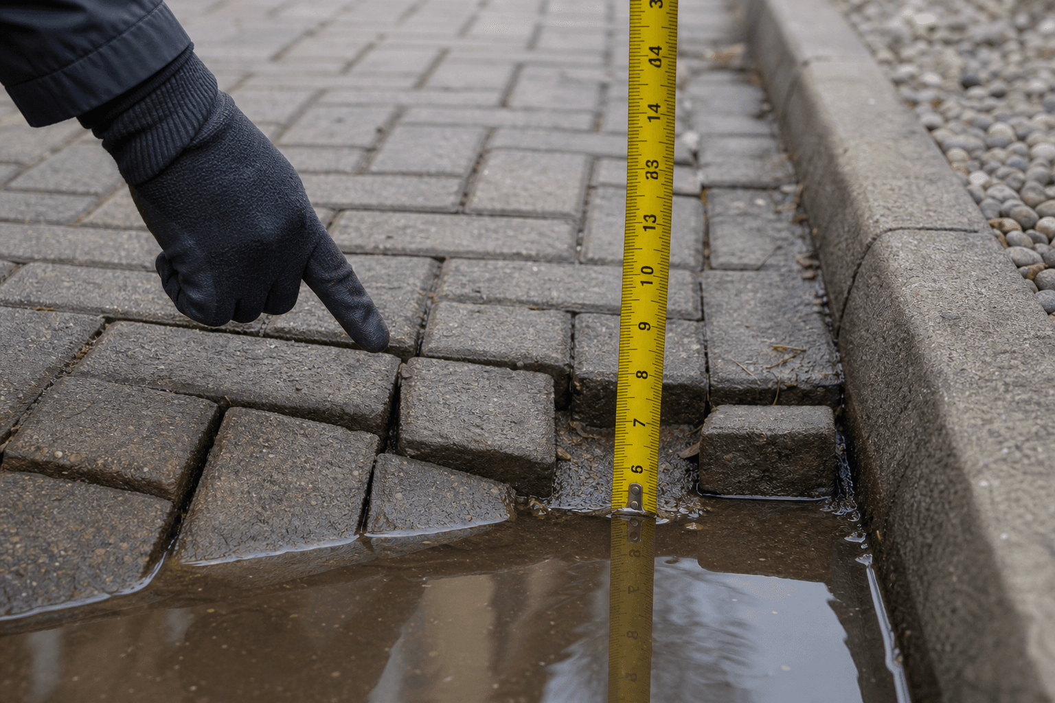 Close-up of sunken UK block paving corner with water pooling and measuring tape