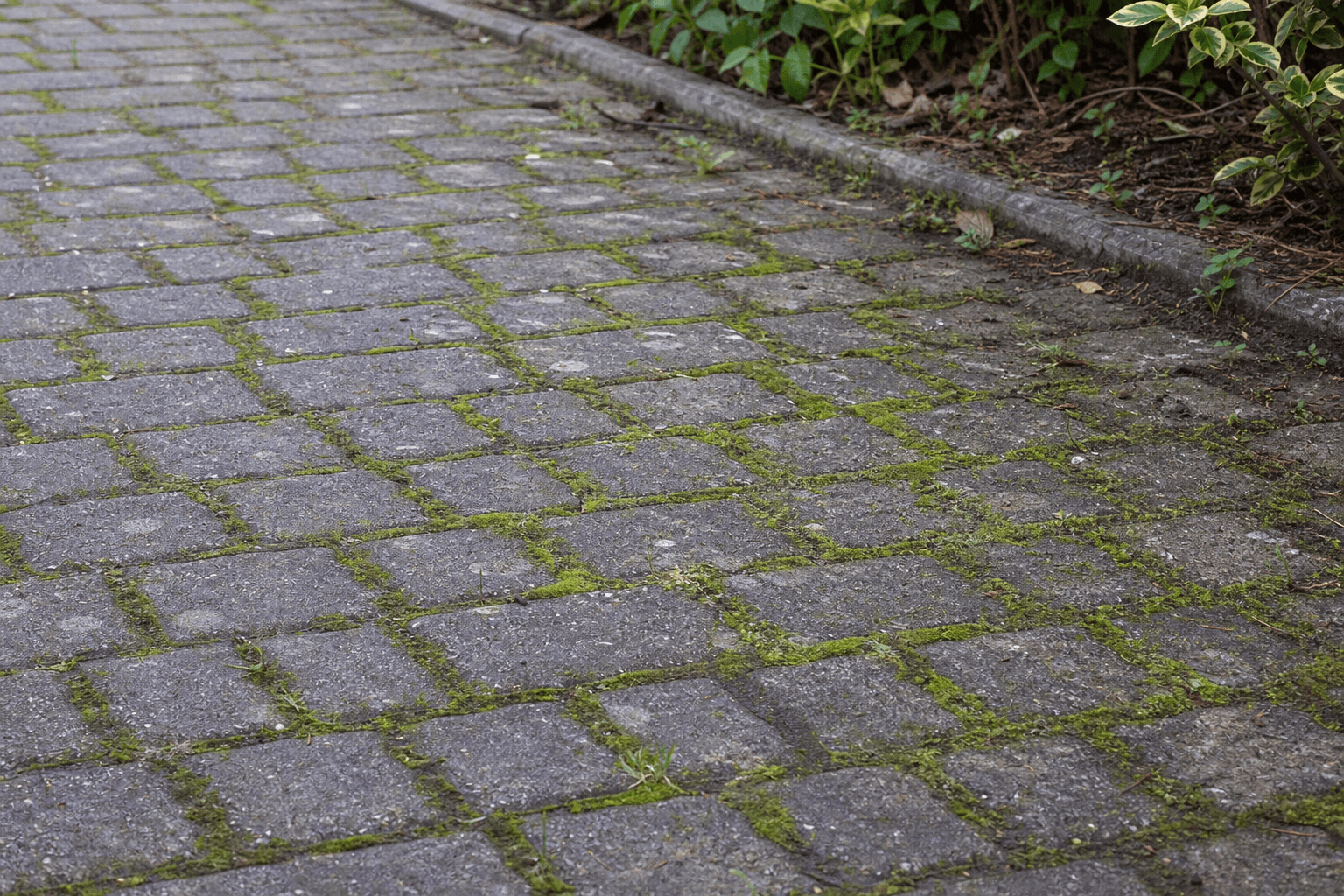 Green moss and algae growing in block paving joints on a UK driveway