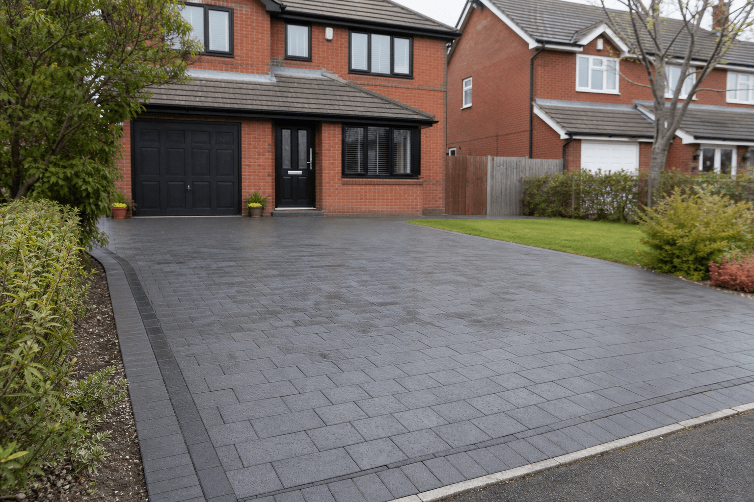 UK block paving driveway on an overcast morning