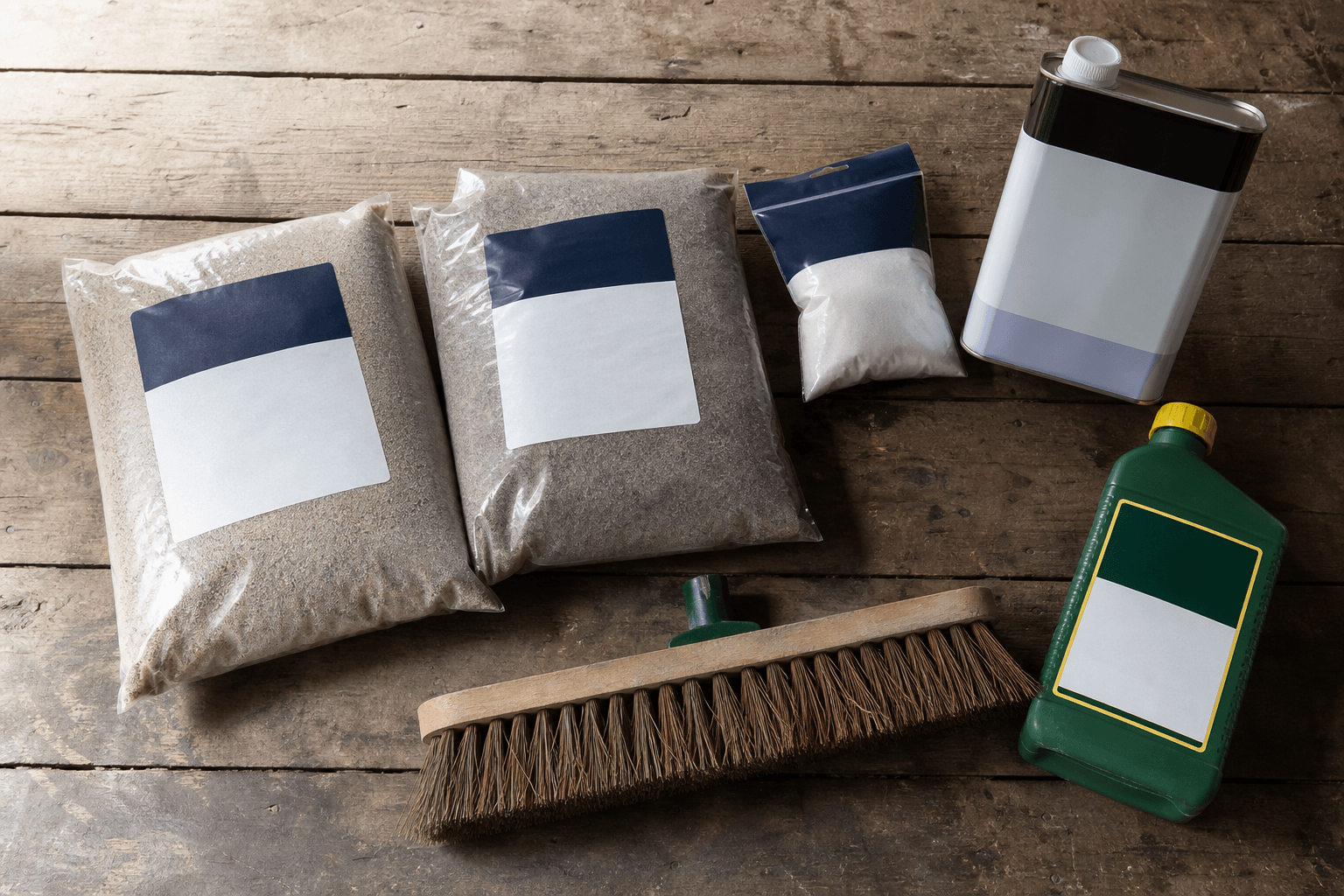 Block paving sand, sealer, weed killer and broom laid out on a workbench