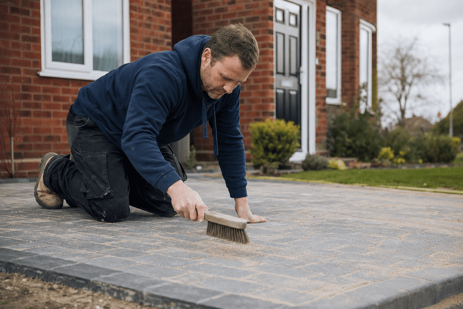 Homeowner brushing jointing sand into block paving joints on a UK driveway