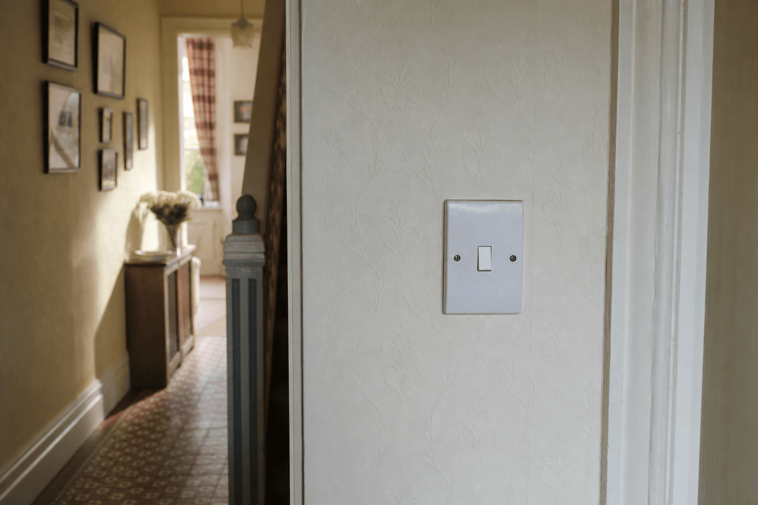 UK hallway with a single-gang light switch beside a consumer unit cupboard