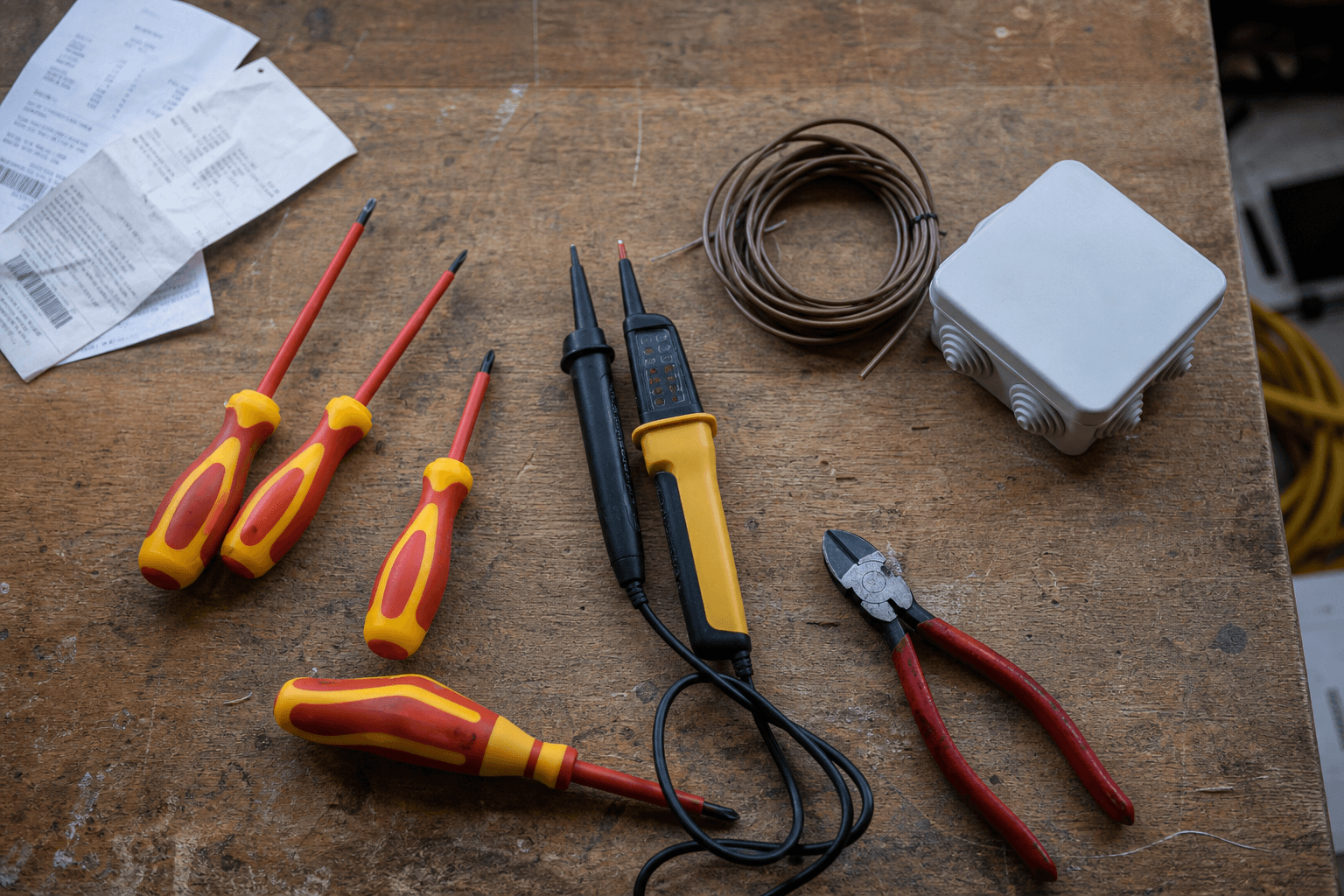 Flat-lay of VDE screwdrivers, GS38 voltage tester, and IP66 junction box on a workbench