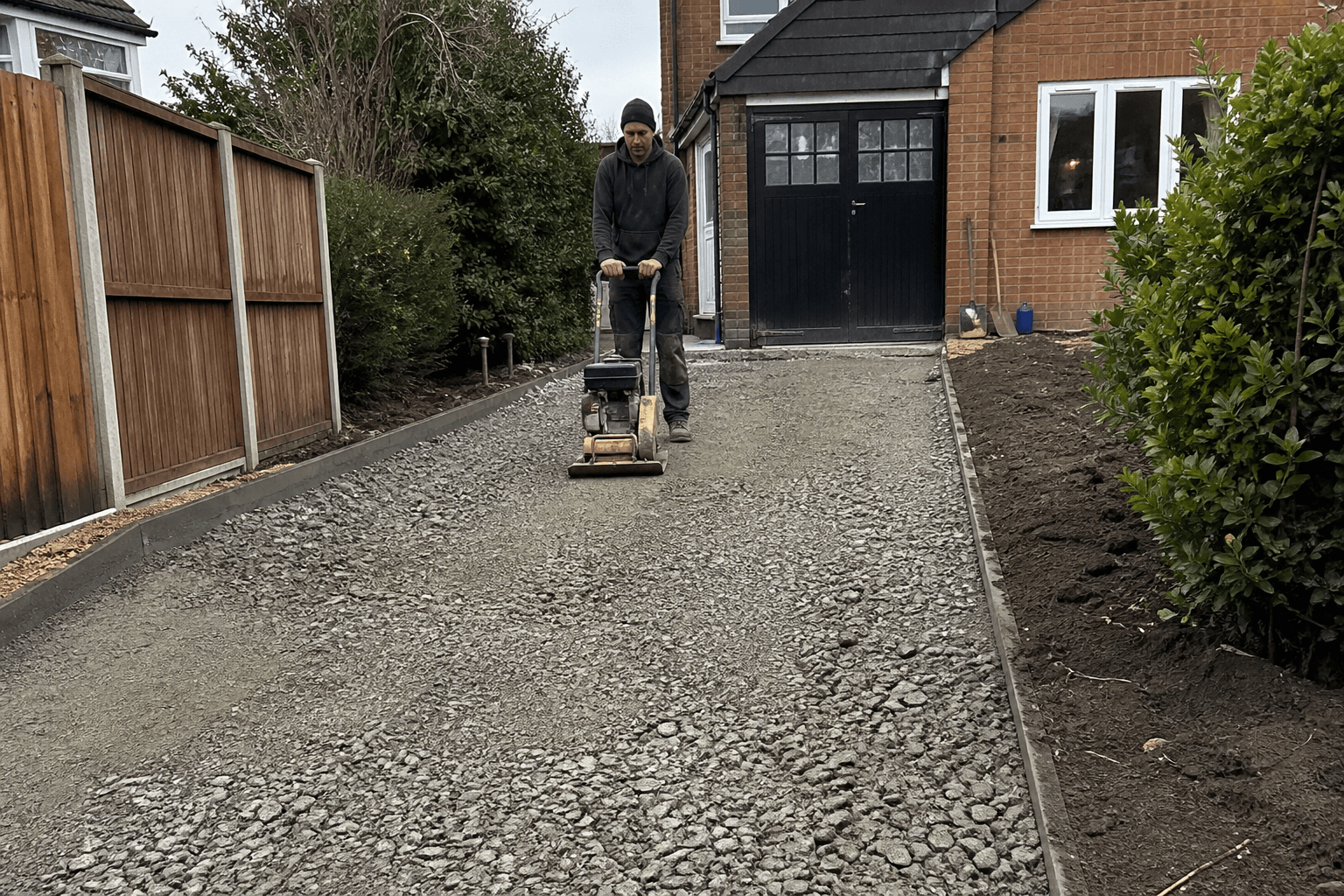 Plate compactor compacting MOT Type 1 sub-base in a UK driveway excavation