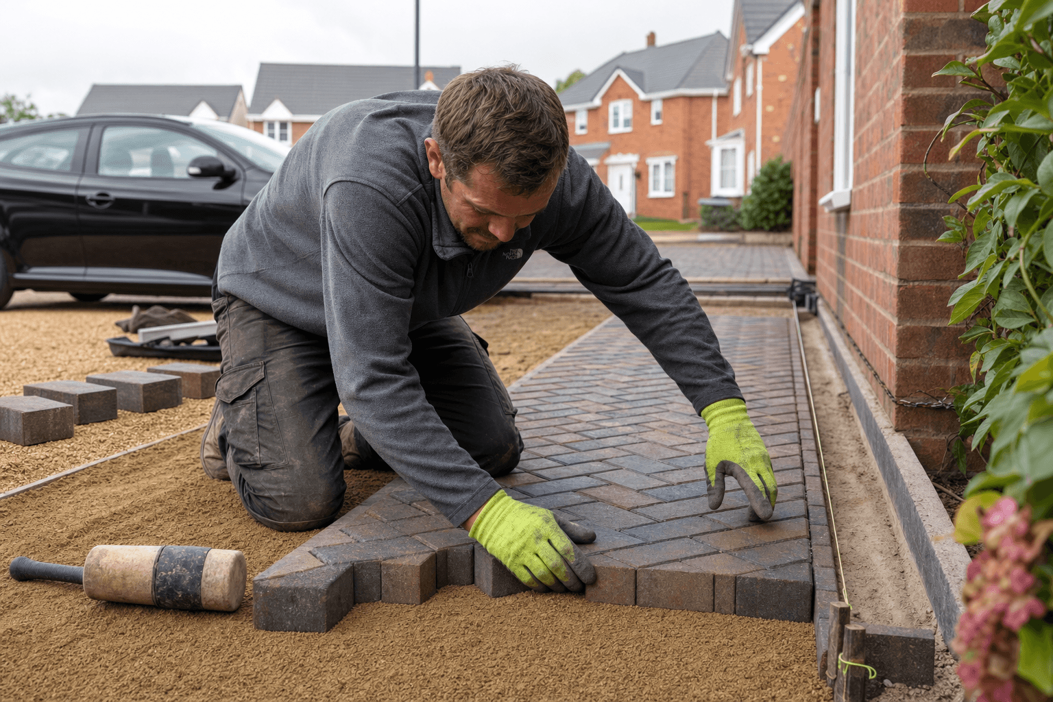 UK homeowner laying herringbone block paving with mallet and string line