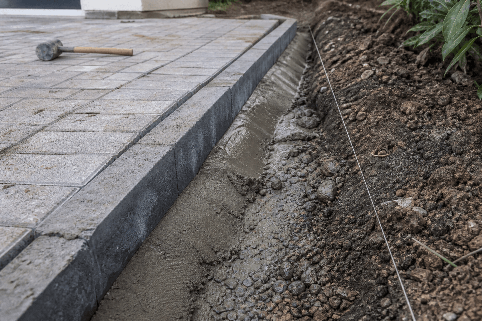 Block paving edge restraint kerb set in wet concrete haunch on a UK driveway