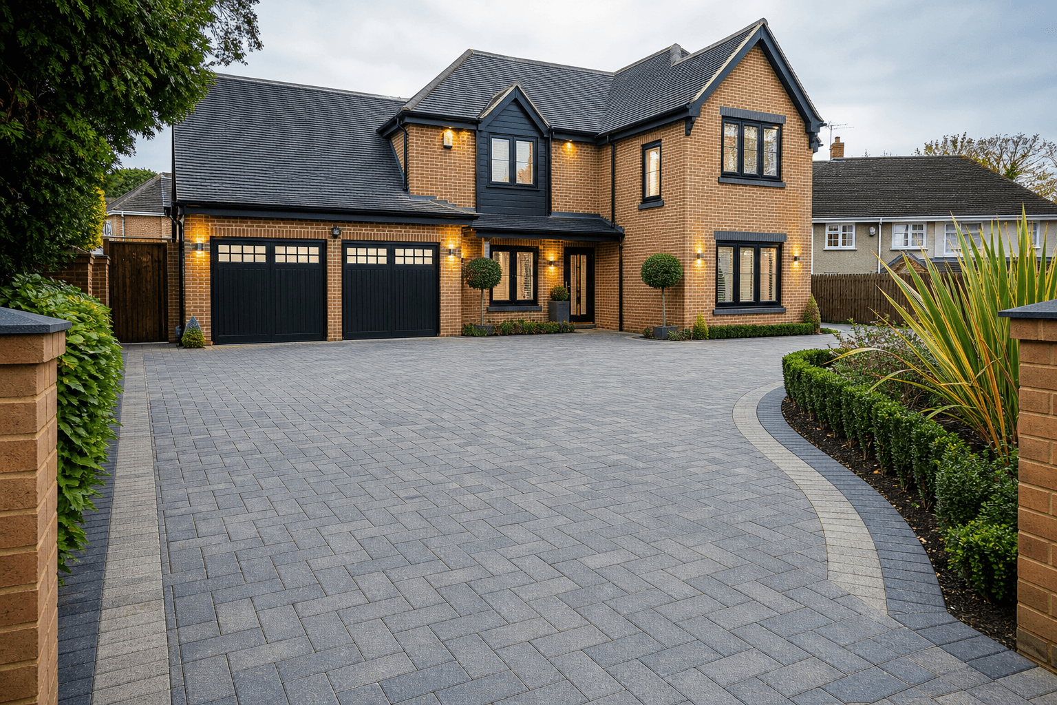 UK semi-detached home with grey block paved driveway and front garden, wide documentary photograph