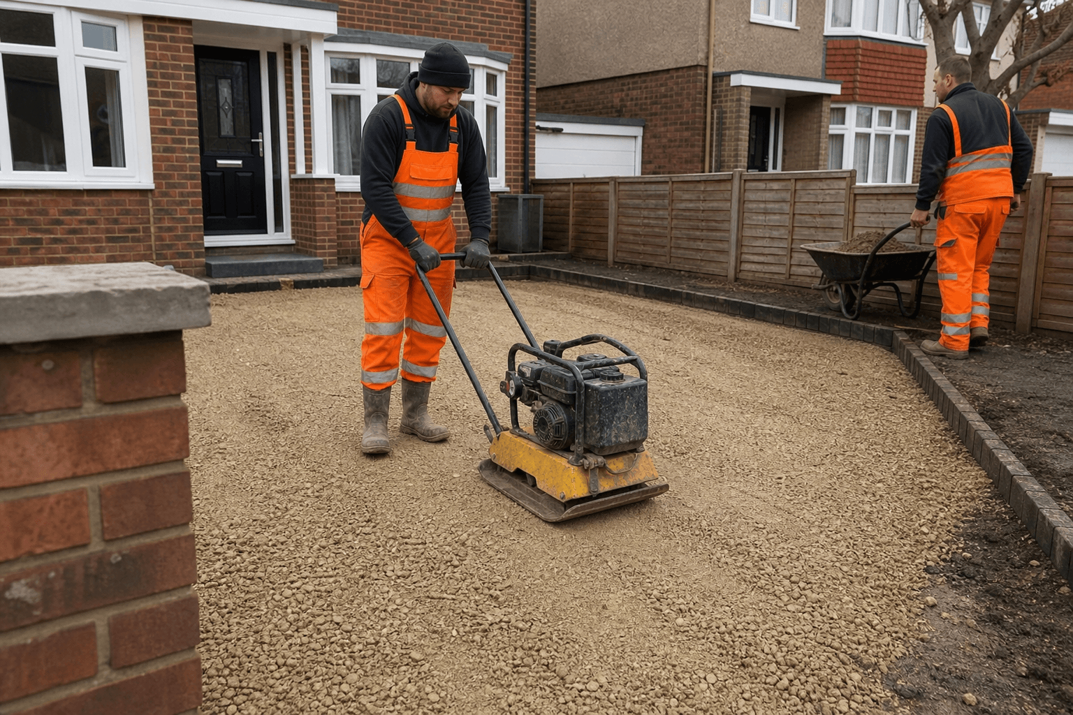 Professional paving crew using a plate compactor on a UK driveway sub-base