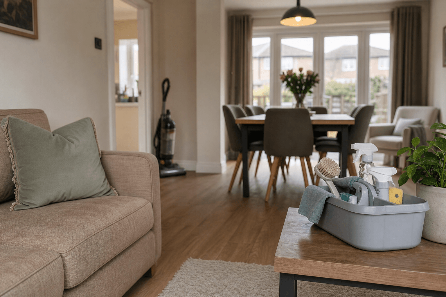 UK living room with cleaning caddy and vacuum, wide home maintenance scene