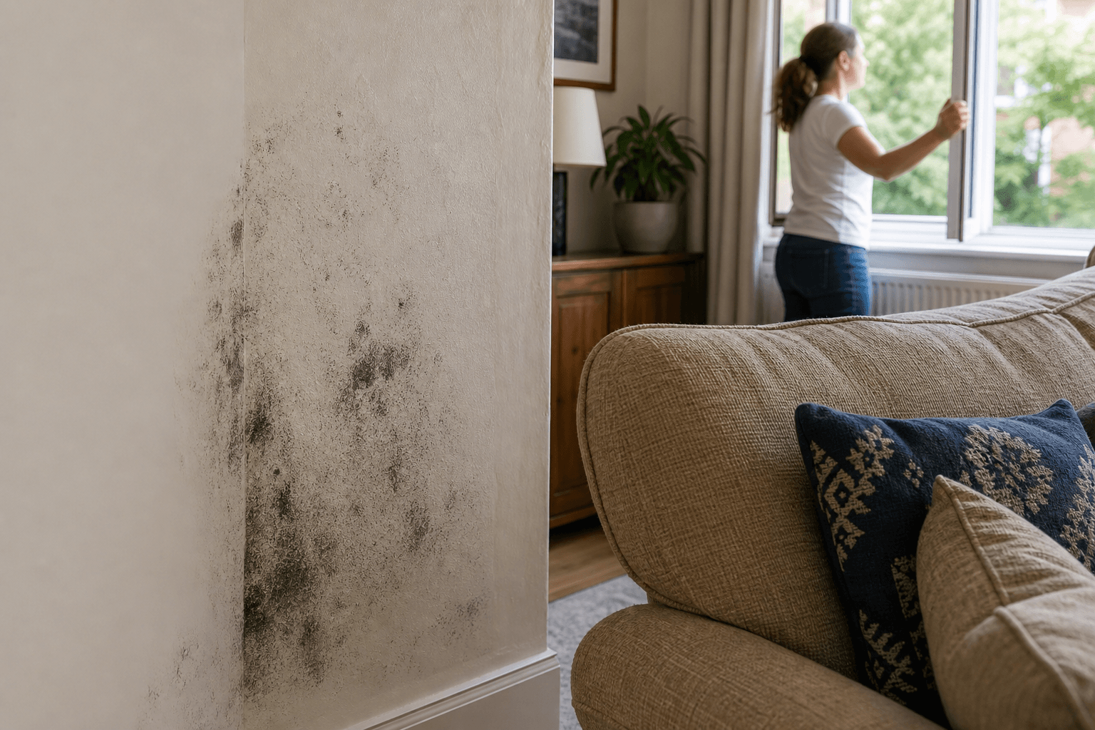 UK living room wall with mould patch before treatment