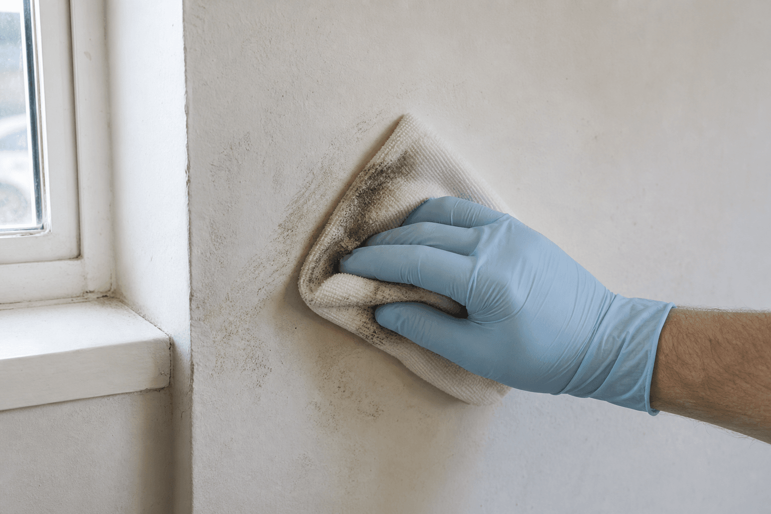 Microfibre cloth wiping treated mould on painted plaster wall
