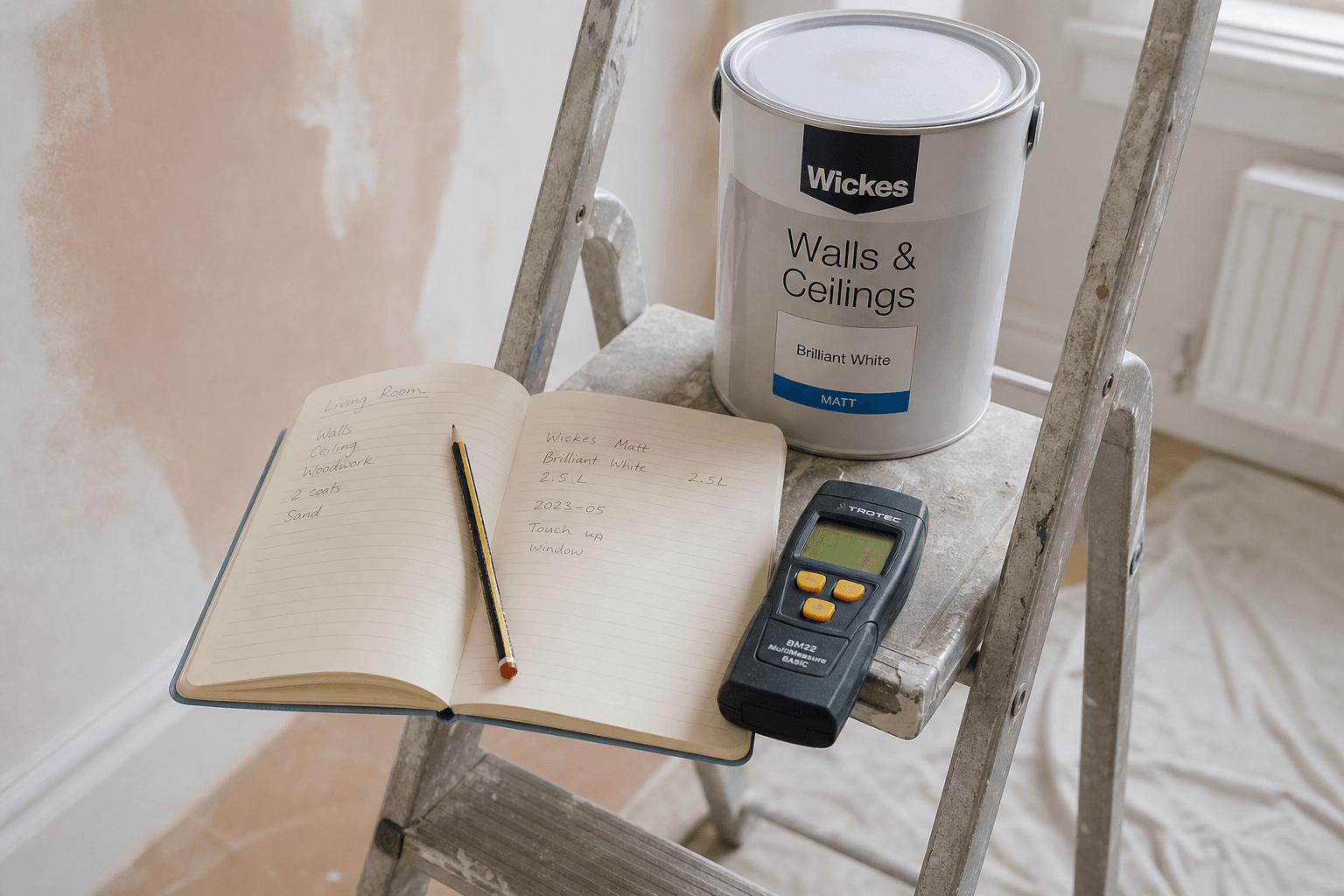 Zinsser paint tin and moisture meter on stepladder during mould repair prep