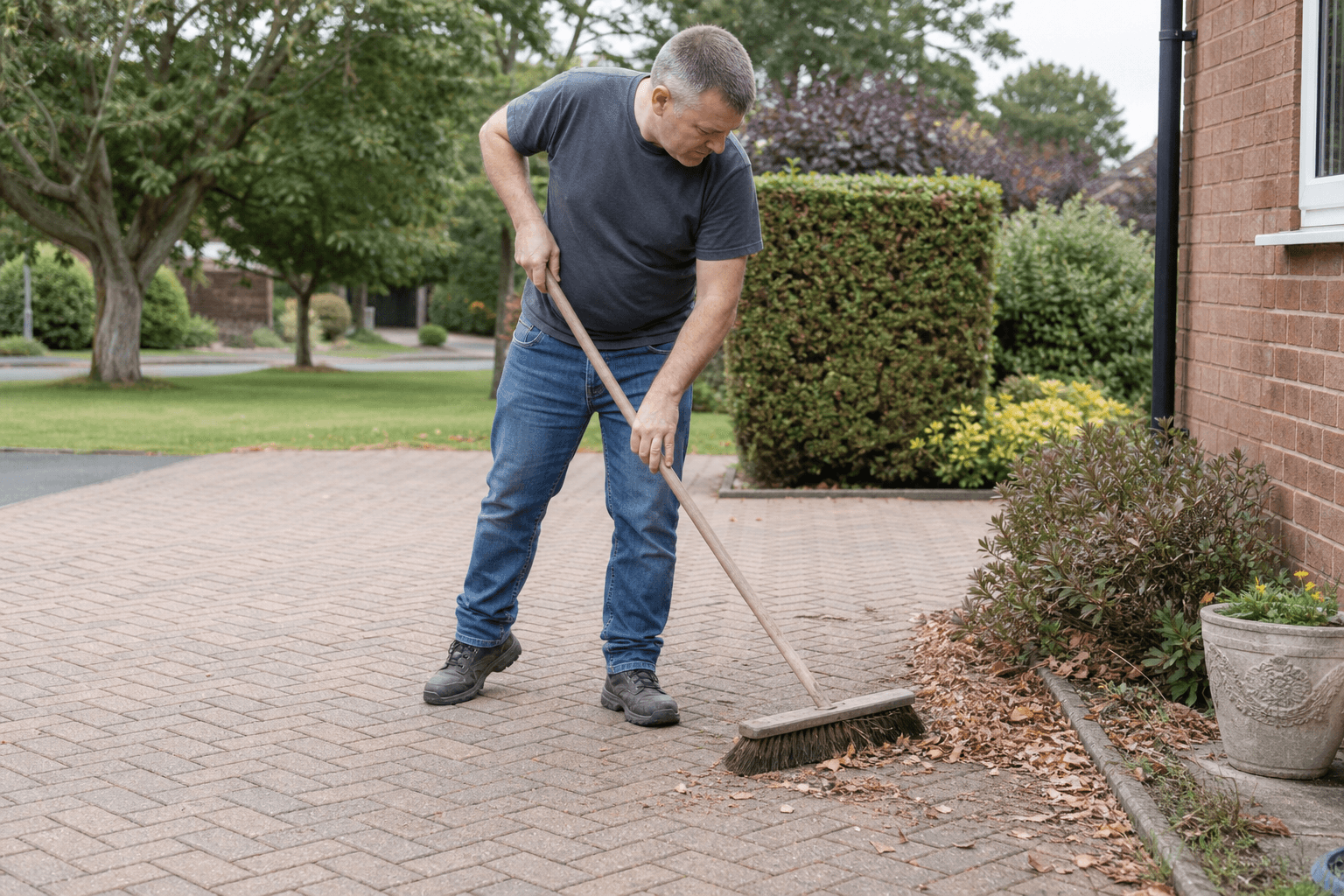 UK homeowner sweeping leaf litter from block paving driveway joints with a stiff broom