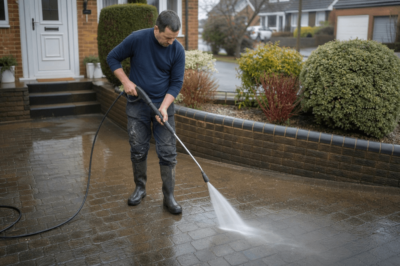 Homeowner pressure-washing UK block paving driveway with a fan nozzle at low angle