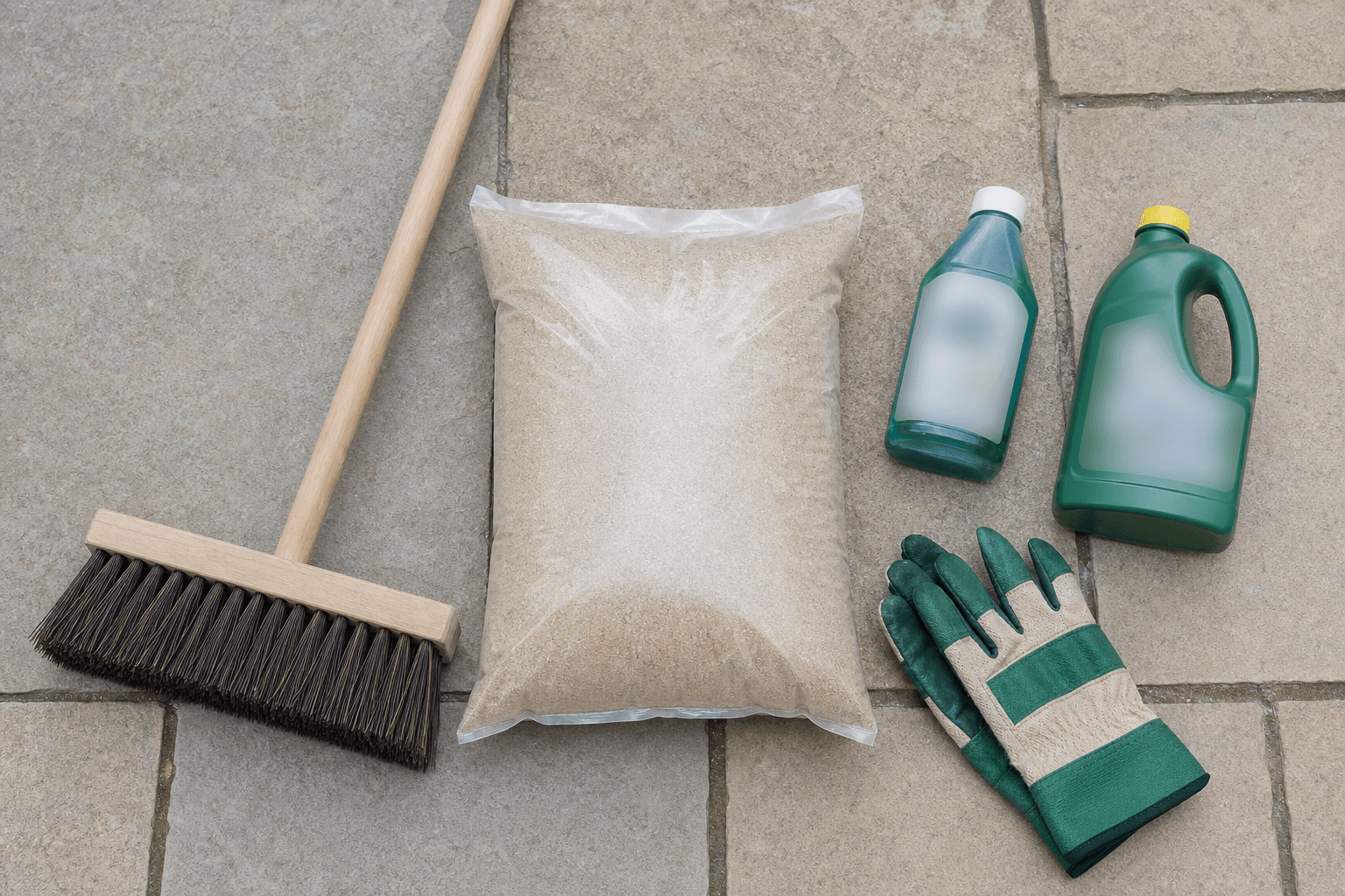 Block paving cleaning kit flat lay: broom, kiln-dried sand, patio cleaner and weed treatment on UK paving