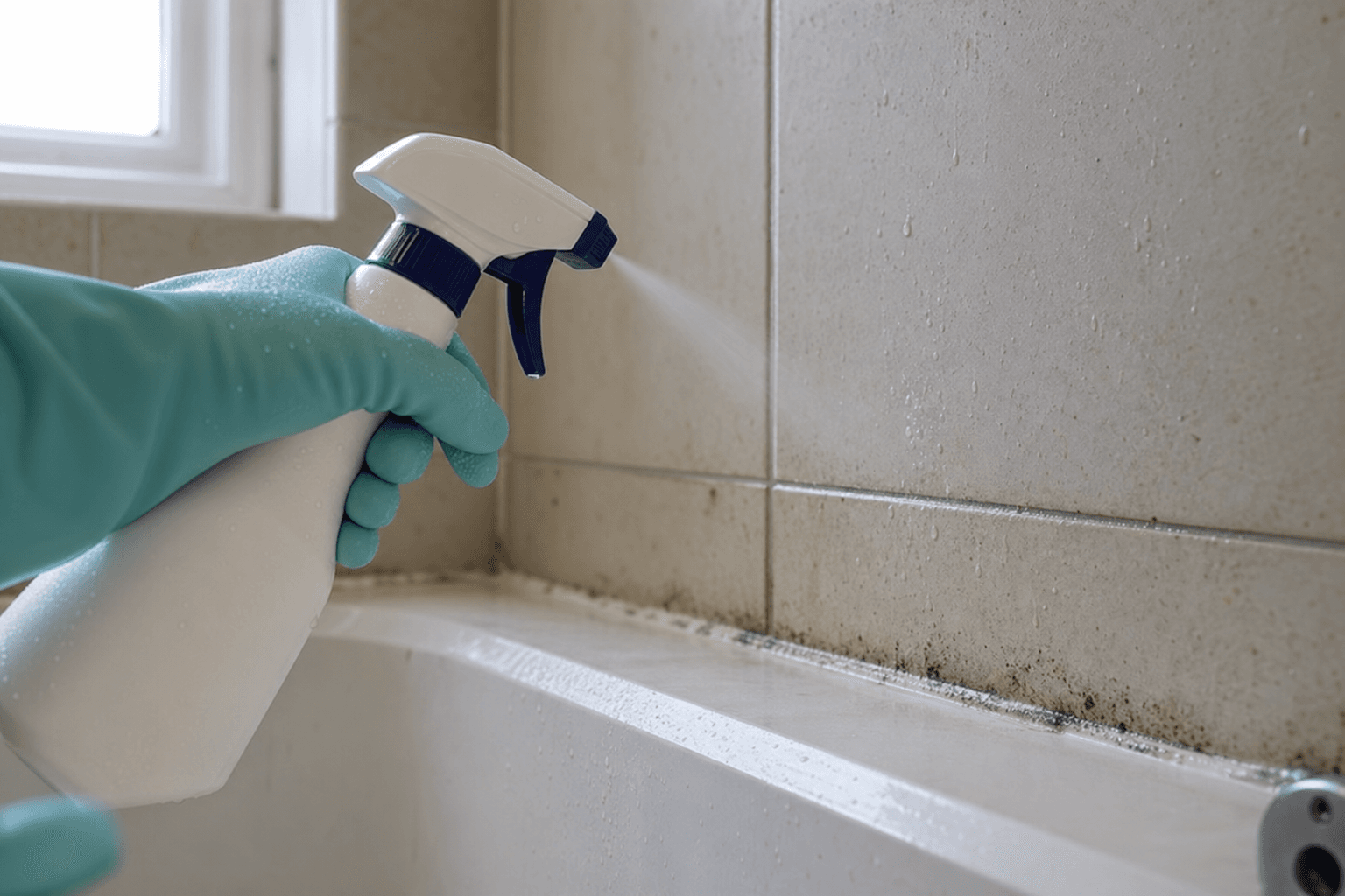 Spraying mould cleaner on bathroom tile grout and silicone