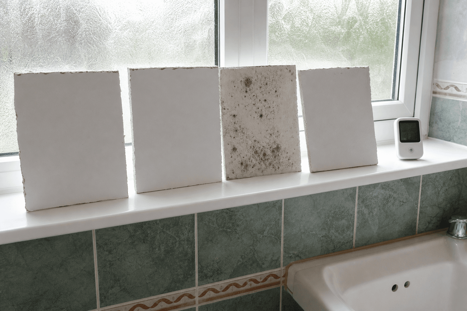 Humidity test panels on a bathroom windowsill after anti-mould paint trials