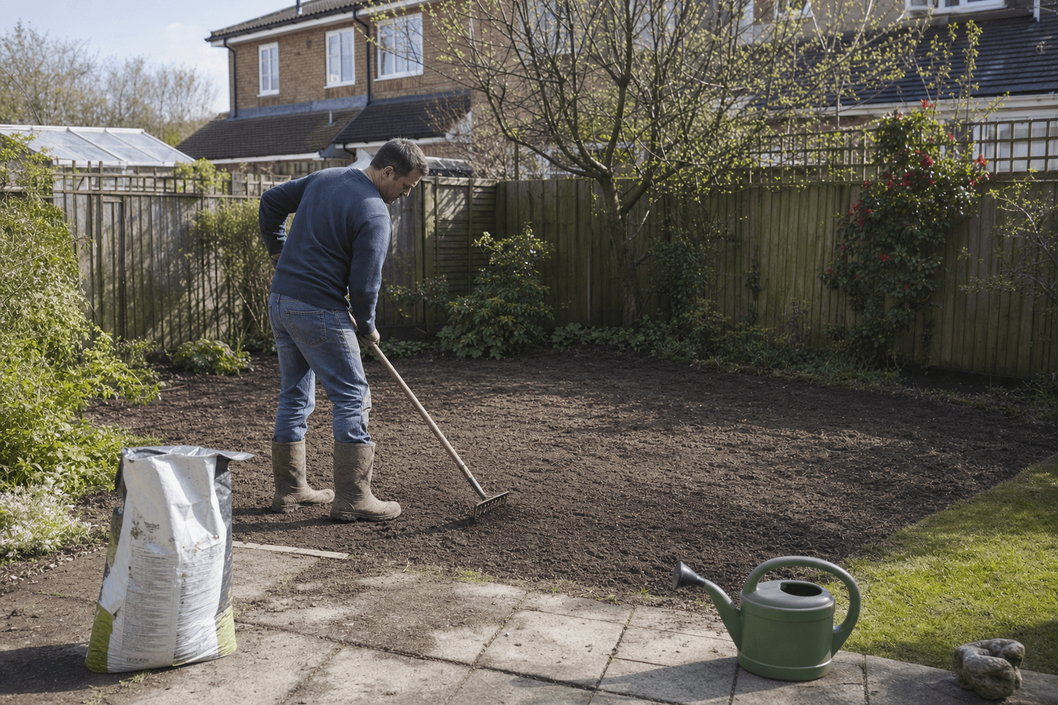 UK homeowner preparing a back garden lawn bed before sowing grass seed