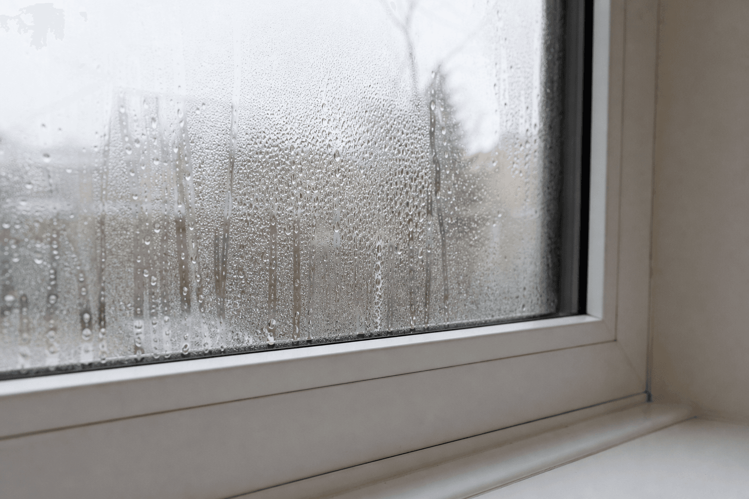 Close-up of condensation droplets on a UK uPVC window on a winter morning