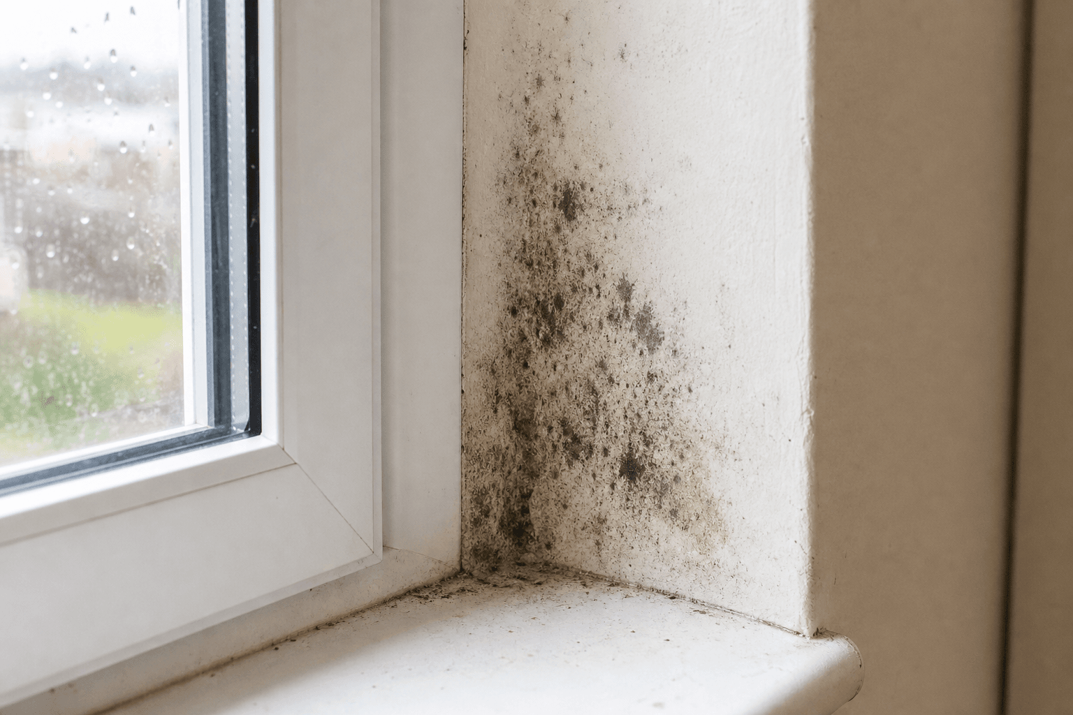 Black mould on a plaster window reveal beside a uPVC window