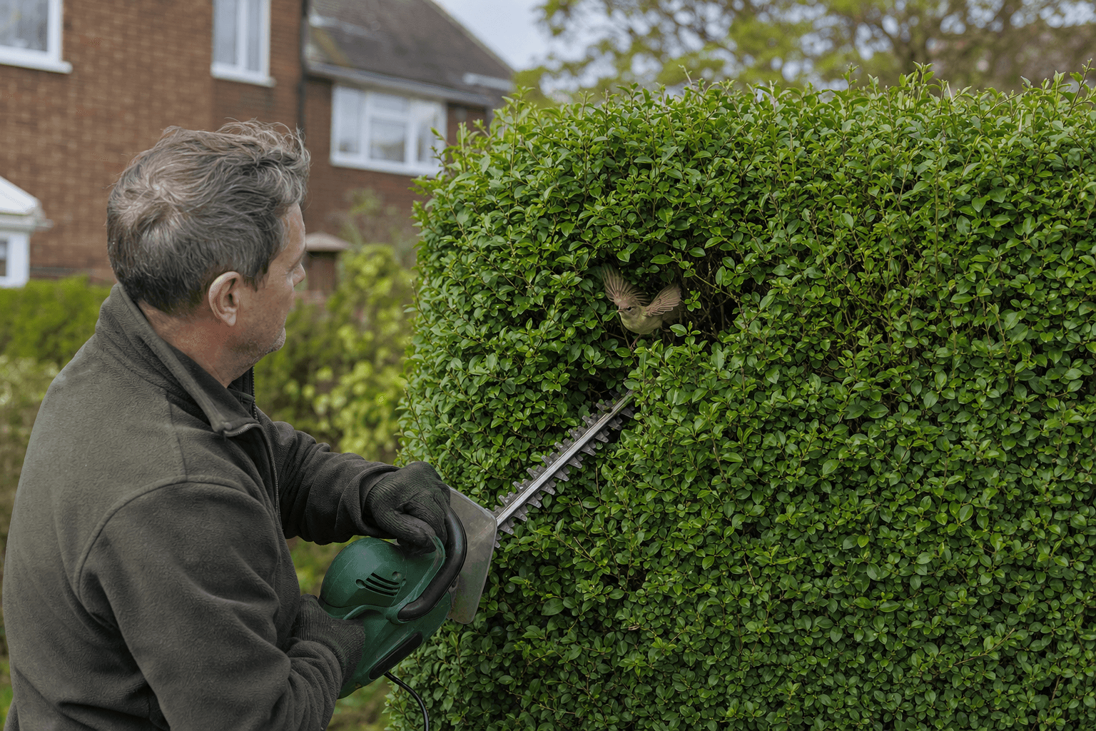 UK homeowner trimming a privet hedge in spring with nesting bird risk