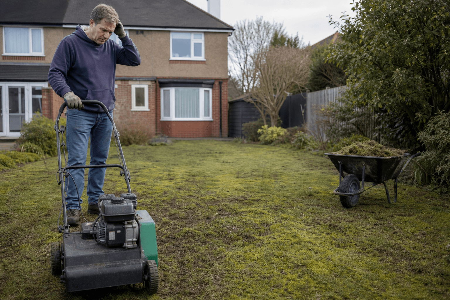UK lawn being scarified in spring showing bare patches and moss