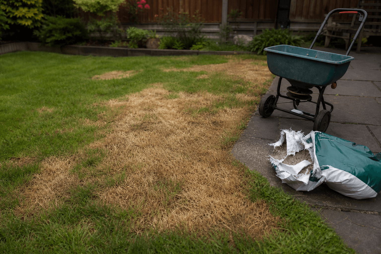 Lawn burn damage from over-fertilising on a UK suburban garden