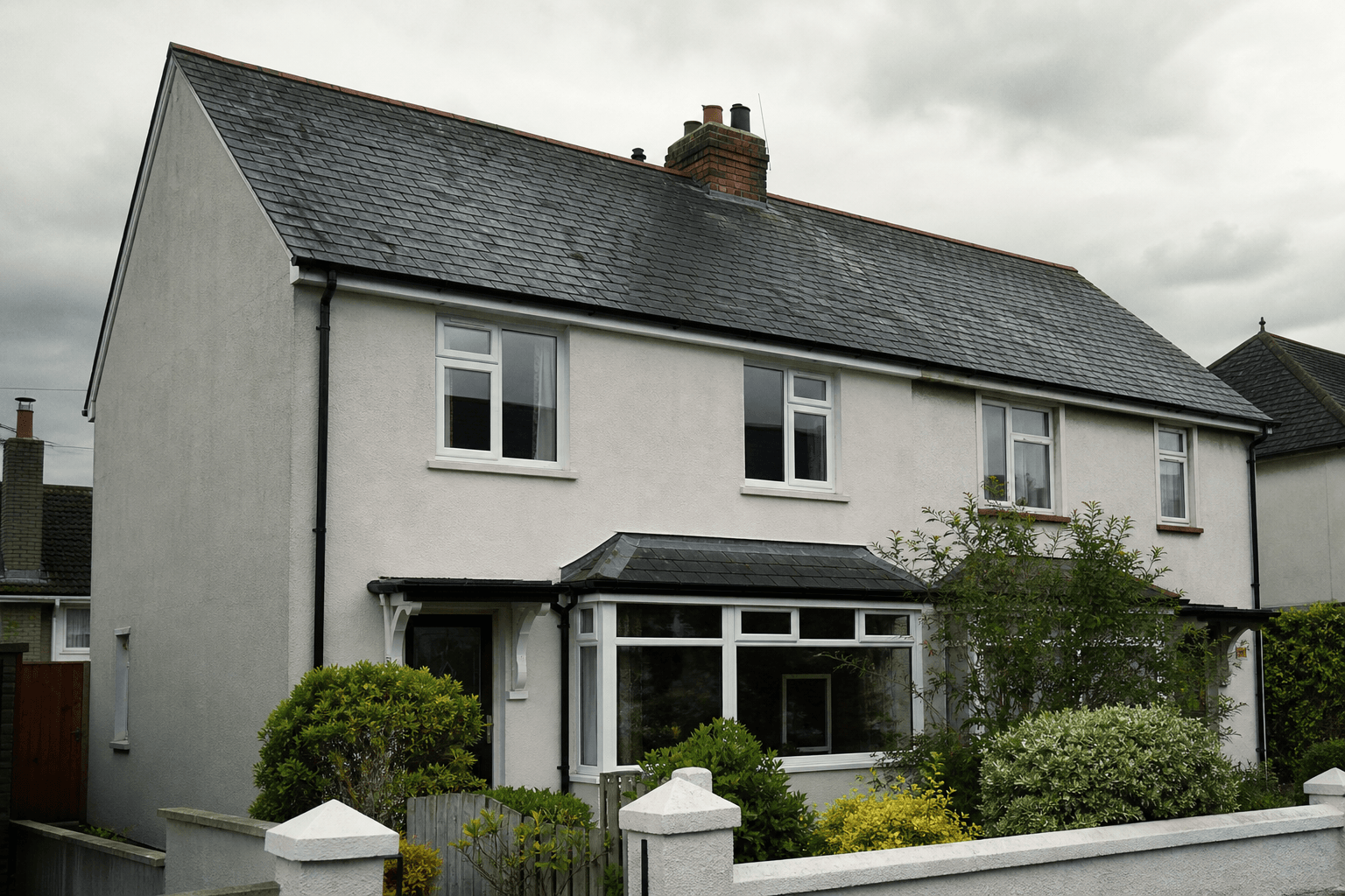 UK semi-detached home with slate roof, gutters and chimney