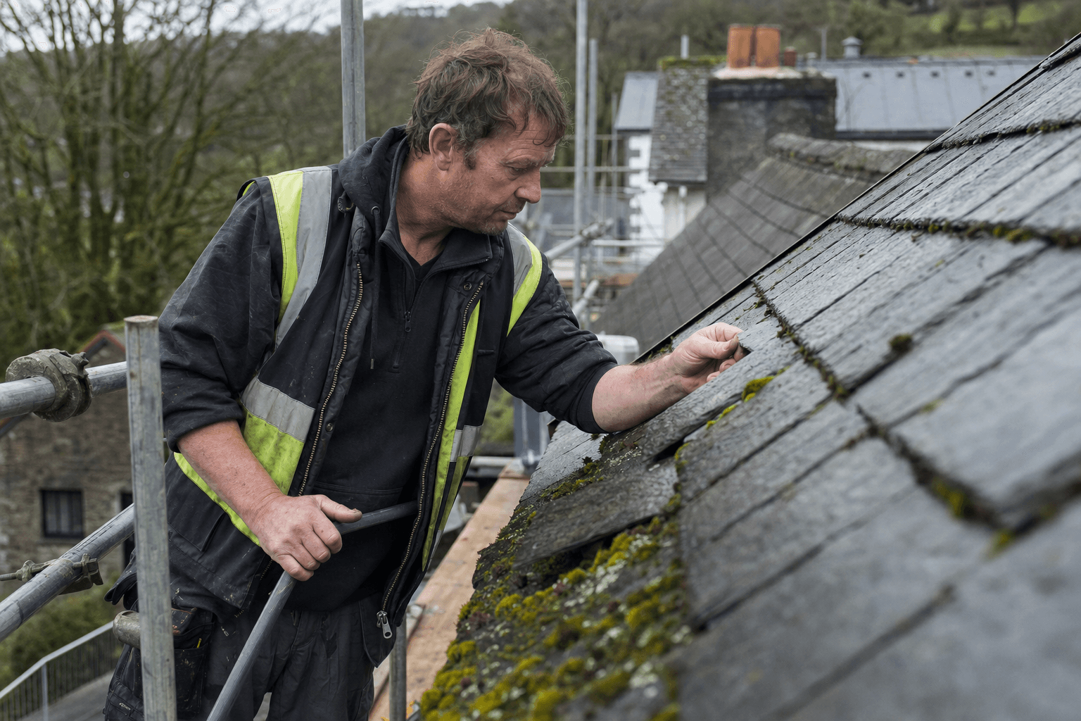 Roofer on scaffold inspecting mossy Welsh slate tiles