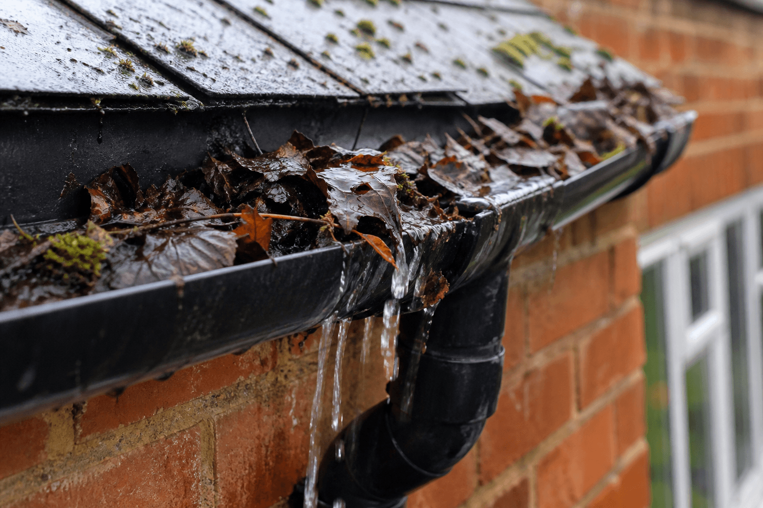 Blocked UK gutter overflowing with wet leaves