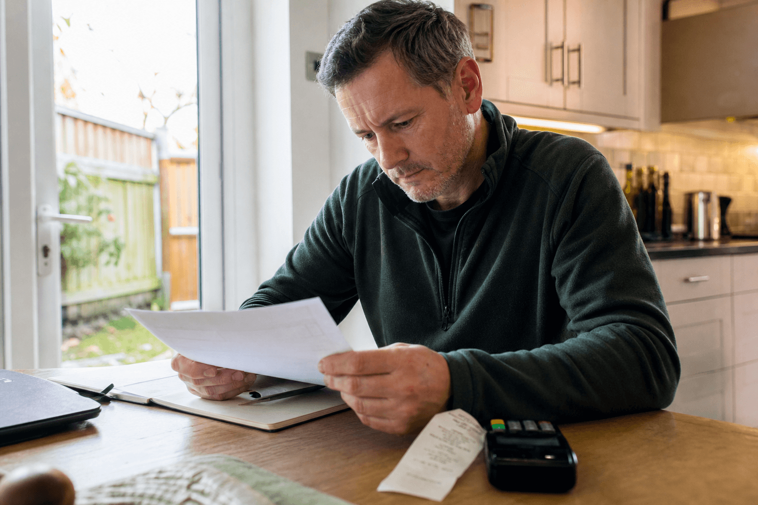 Homeowner reviewing a written roofing quote at home