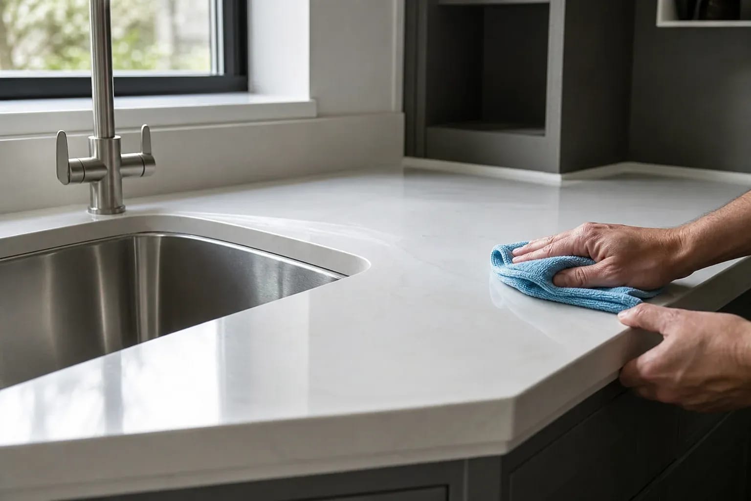 UK kitchen worktop being wiped after joinery dust, hands with microfibre cloth