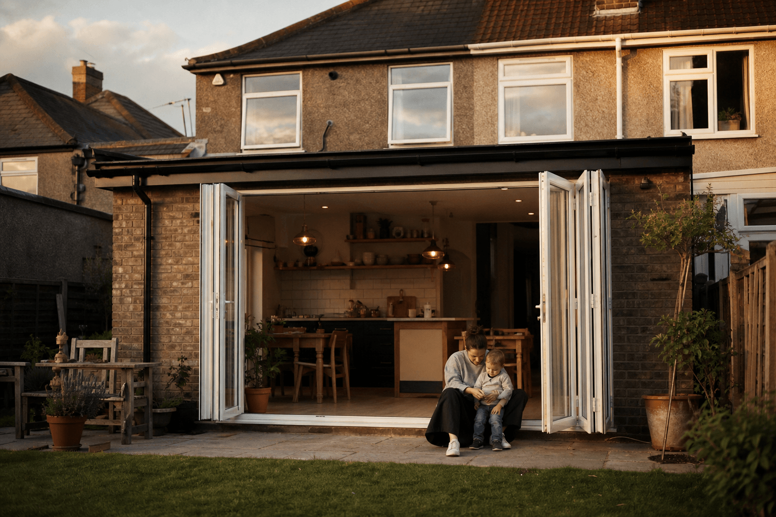 1930s UK semi-detached with new single-storey rear extension, bifold doors open to lawn in warm afternoon light
