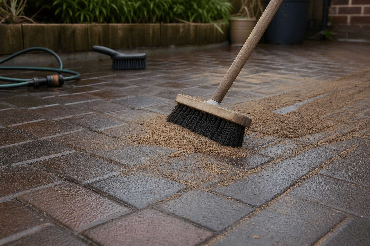 Sweeping kiln-dried sand into block paving joints after cleaning a UK driveway