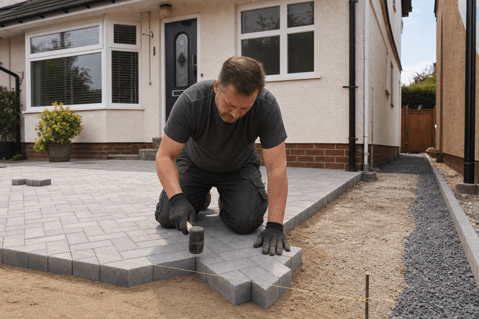 UK homeowner laying herringbone block paving on a driveway with mallet and string line