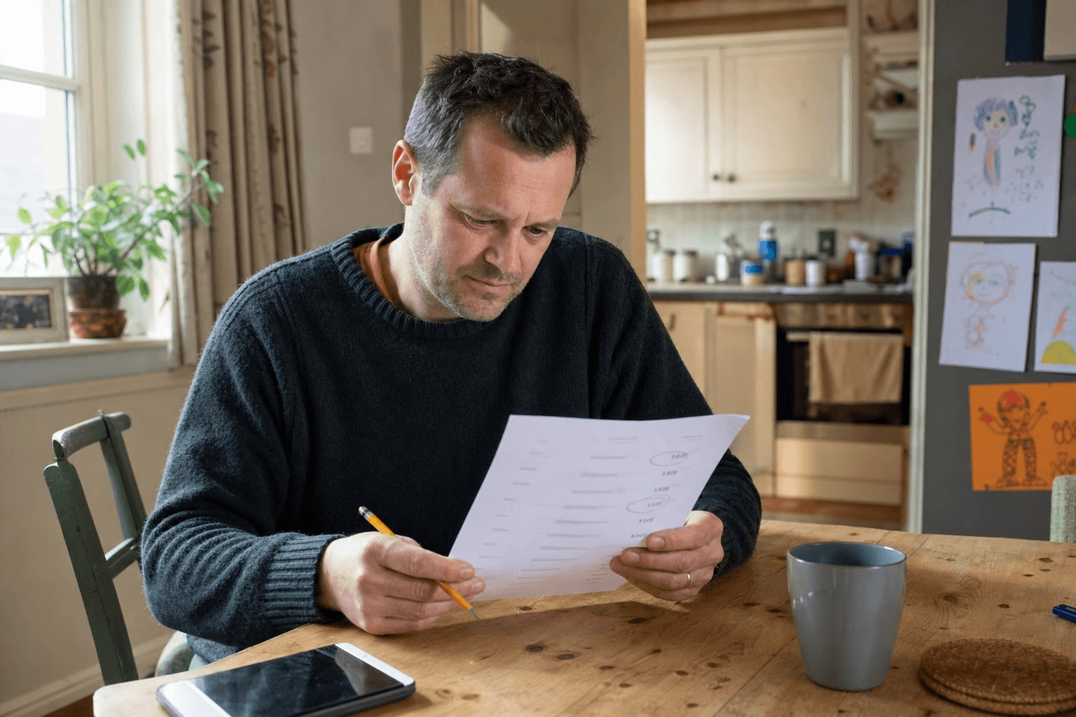 UK homeowner reviewing a printed carpet cleaning quote at a kitchen table